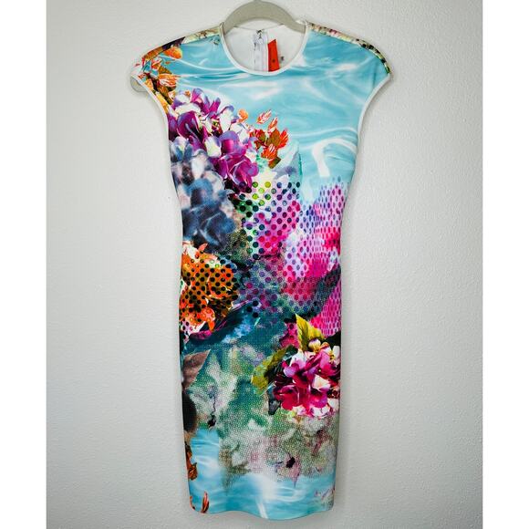 Clover Canyon Pool Flower Neoprene MultiColor Aqua Bodycon Dress XS - Picture 1 of 12